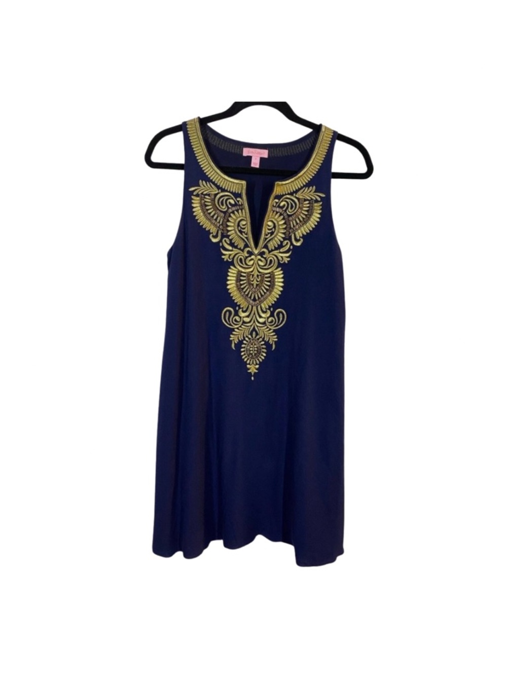 Lilly Pulitzer Aubra Embroidered Gold & Navy Sleeveless Shift Dress • LIKE NEW - Picture 5 of 10
